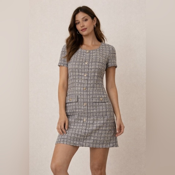 Monteau Dresses & Skirts - Monteau Los Angeles Tweed Mini Dress Size L Pearl Button Bouclé Dress